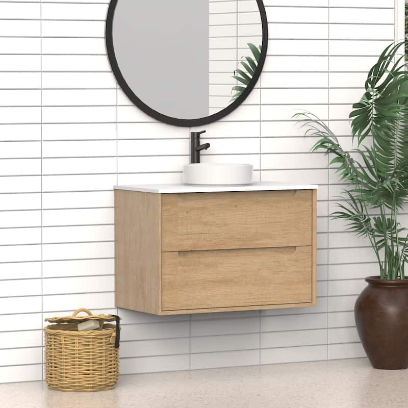 36" Solid Wood Bathroom Vanity with White Quartz Countertop Ceramic Square Sink
