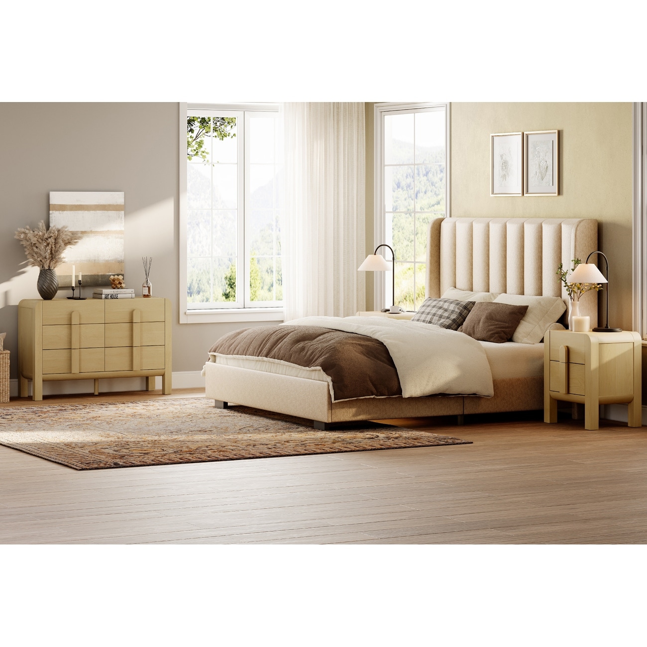 Wampat 3 Pcs Bedroom Set,6 Drawer Dresser and Nightstand Sets for Bedroom, Double Dresser with Curved Profile Design - Beige
