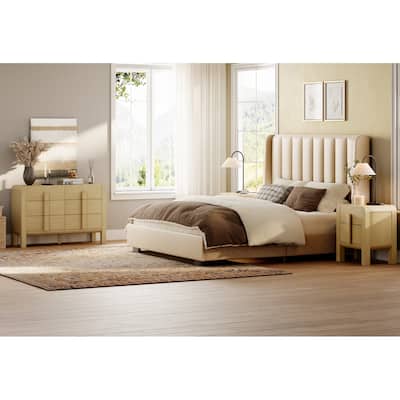 WAMPAT 3 Pcs Bedroom Set,6 Drawer Dresser And Nightstand Sets For Bedroom, Double Dresser With Curved Profile Design
