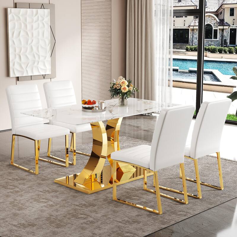5-Piece Marble Pattern Tempered Glass Dining Set, 63-Inch Table with 4 Minimalist Chairs, Modern Style - Golden,White