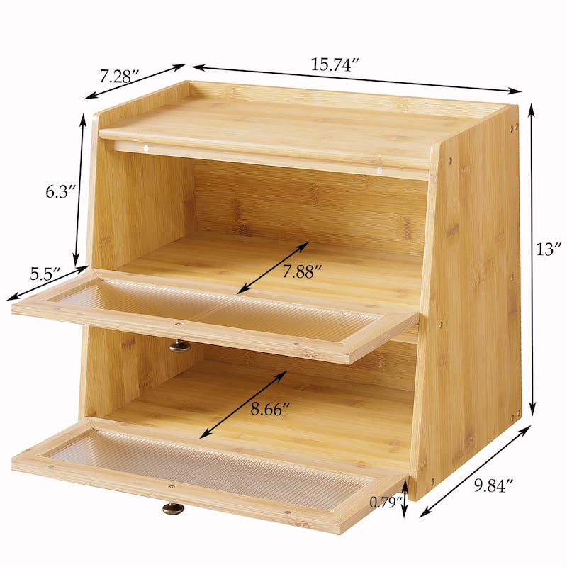 2-Layer Wooden Bread Box, Large Capacity Bread Storage Container Bin