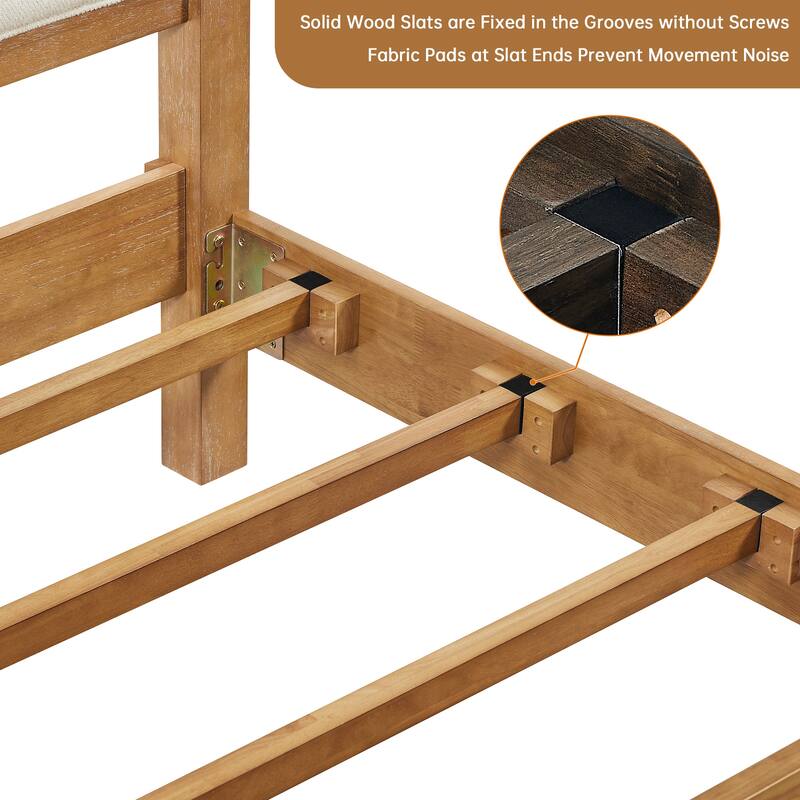Classic Turned Post Wood Bed Frame with Upholstered Headboard, Sturdy Screw-Free Slats and Noise-Free Support