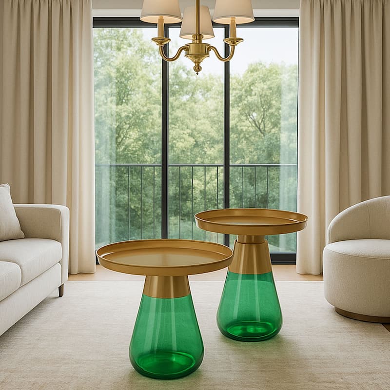 Gold Titanium Coffee Table Set of Two with Glass Base Modern Accent - 24x17 19x20