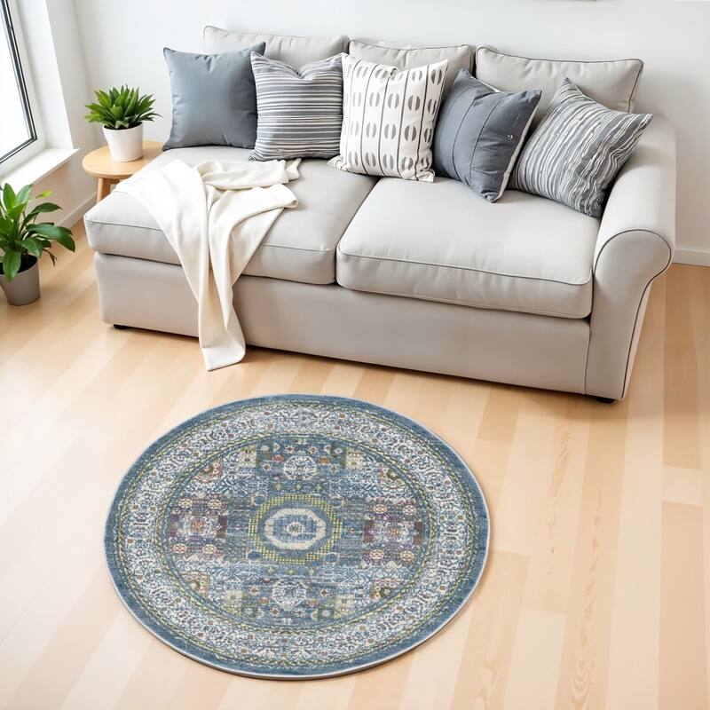 Power Loomed Distressed Geometric Modern Non Skid Area Rug - 48' X '48' X '0.5 - 48' X '48' X '0.5 - Oxford Blue - Round