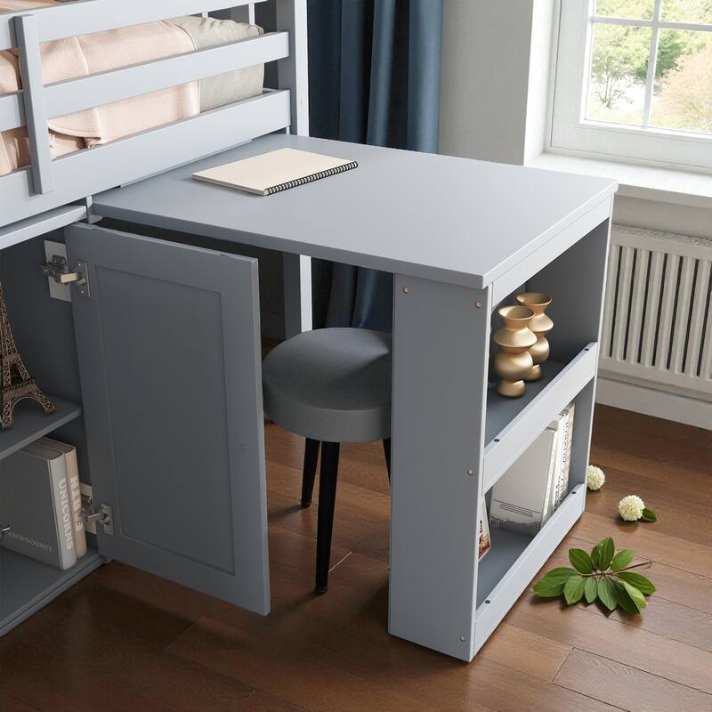 Twin Size Rubber Wood Loft Bed with Pull-Out Desk, Storage Cabinets, Drawers and Shelves, Safety Guardrail and Ladder