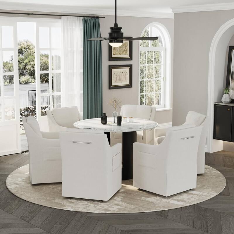 White Round Sintered Stone Dining Table with Matte Black Sandblasted Texture Base