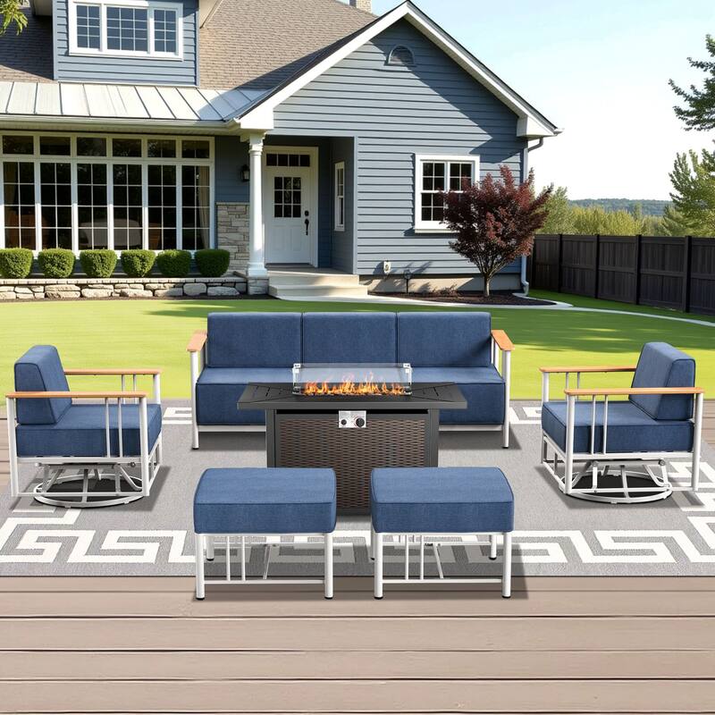 Outdoor Patio Funiture Set with Extra-Thick Seat cushion - White & BLue Cushion - 6PCS Sofa Chair Ottoman with Fire Table