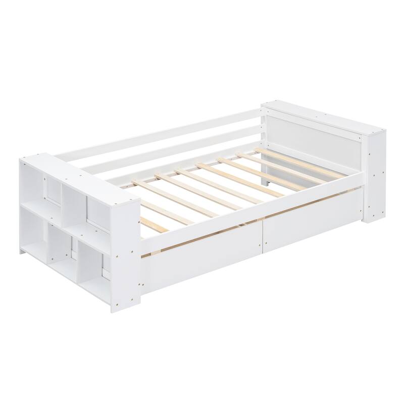 Twin Daybed with Built-In Storage Shelves and Drawers, Pine Wood Frame, Minimalist Design, Easy Assembly