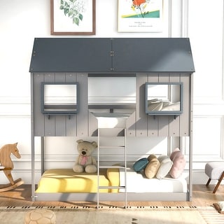 Playhouse Design Twin Over Twin Bunk Bed Wood Bed with Roof, Window, Guardrail, Ladder
