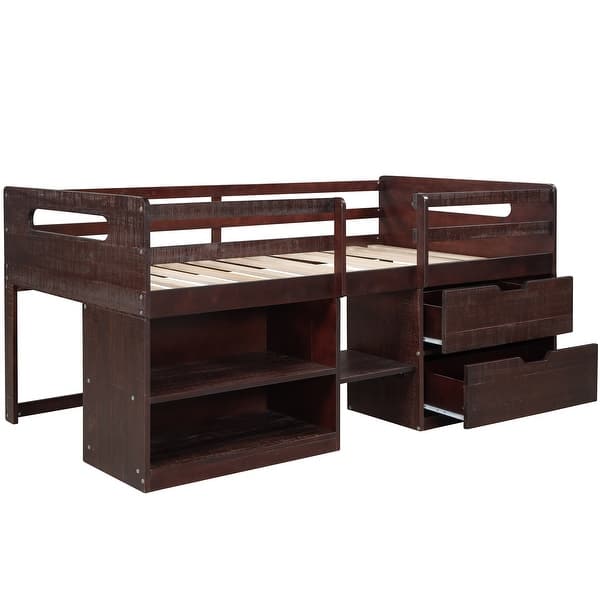 slide 2 of 57, Multi-Function Twin Size Wood Loft Bed,Solid Wood Bed with Shelves drawers Antique Espresso