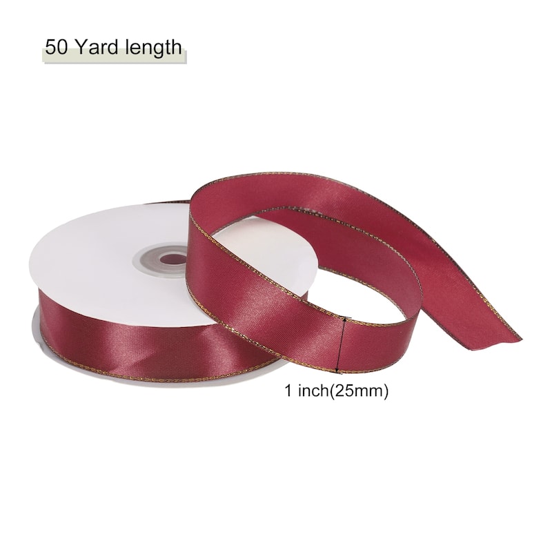 Satin Ribbon with Gold Edges Border Grosgrain Fabric Ribbon for Decor - Burgundy Red - 1 Inch x 50 Yard