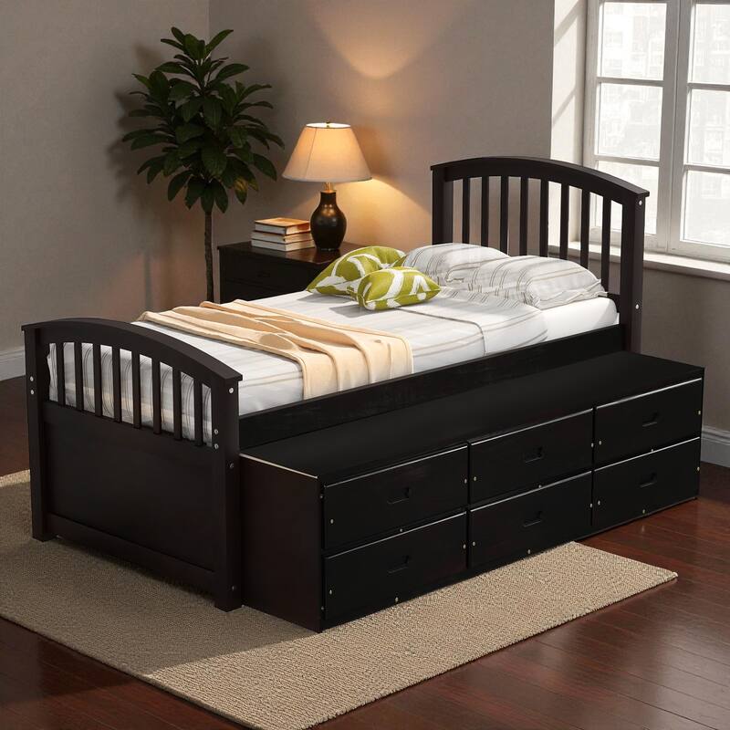 Twin Size Solid Wood Platform Bed with 6 Storage Drawers, Pine Wood Frame with Slats, No Box Spring Needed