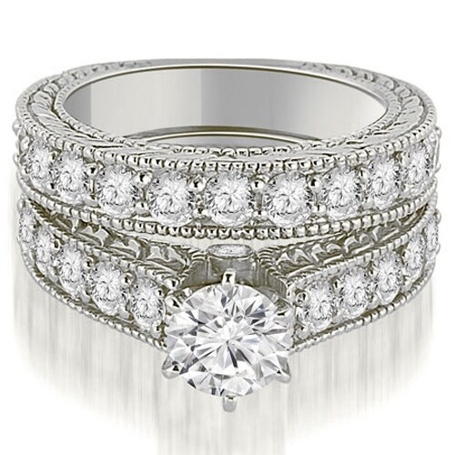2.65 cttw. 14K White Gold Antique Cathedral Round Cut Diamond Engagement Set