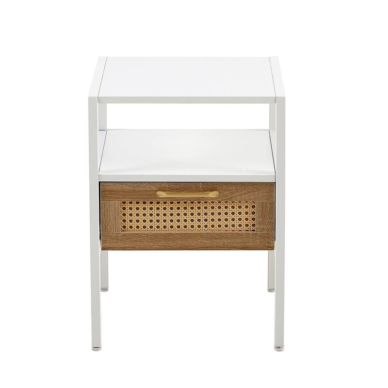 Rattan Side Table with Drawer, 15.75" Modern Nightstand, Metal Legs, Natural Wood Accent for Living Room & Bedroom