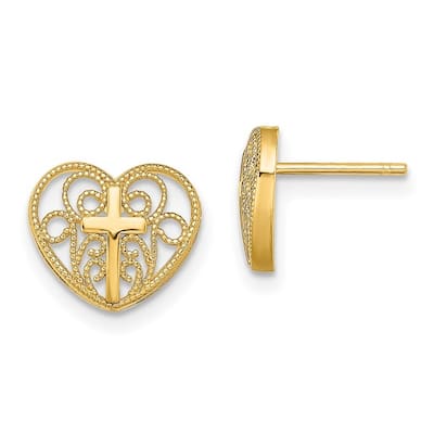Curata 10.94mm 10k Yellow Gold Love Heart With Cross Post Earrings - 9.44x10.94mm