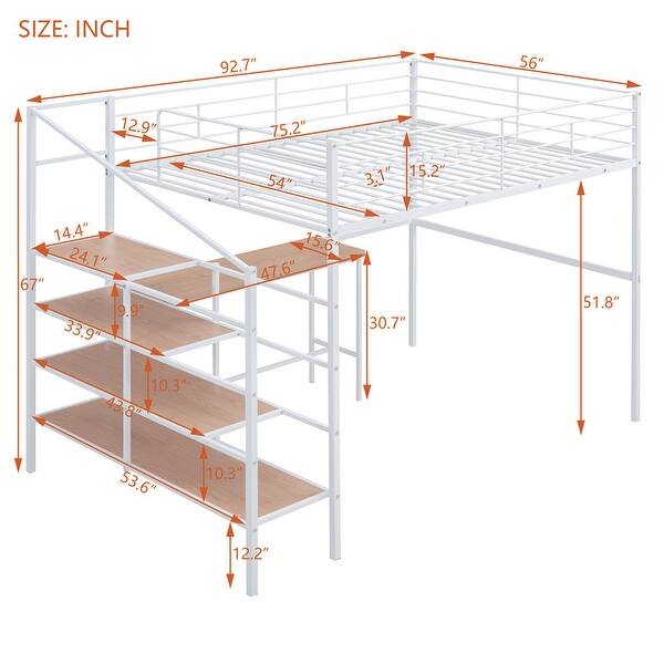 dimension image slide 1 of 2, Full Size Metal Loft Bed with Desk and Lateral 4-Layer Storage Ladder