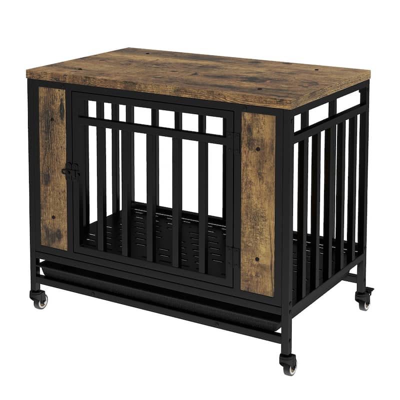 GDFStudio - Kary Wooden Dog Crate Furniture with Iron Door and Tray for Medium/Small Dogs