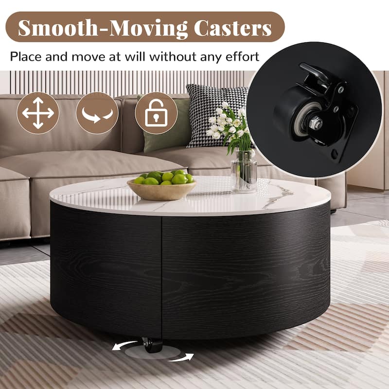 Modern Round Movable Coffee Table with Casters, 2 Drawers, Marble Pattern Sintered Stone Top, 29.5"