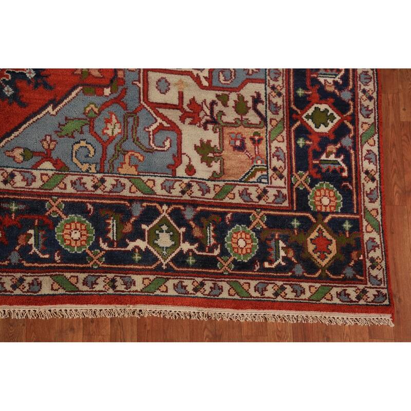 Orange Medallion Heriz Serapi Indian Rug Hand-Knotted Wool Carpet - 8'11"x 11'7"