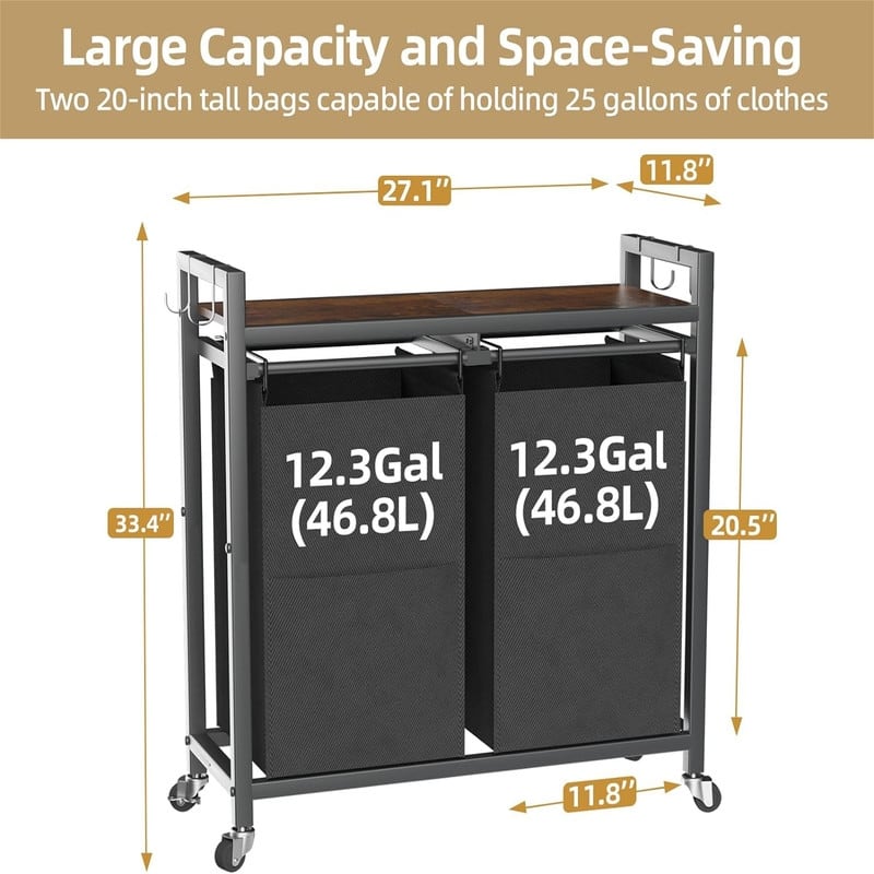 Laundry Hamper with Wheels Laundry Basket Organizer - 27.18"L x 11.8"W x 33.5"H