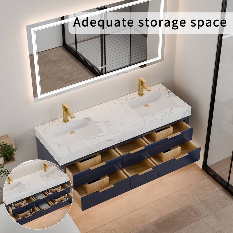 60" Wall-Mount Double Vanity with LED Light. - 60 inch