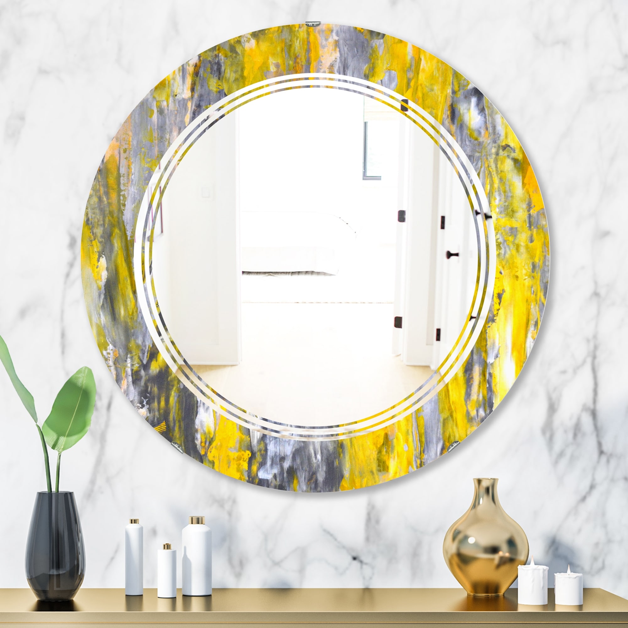 как выглядит Designart Grey and Yellow Abstract Pattern Printed Modern фото