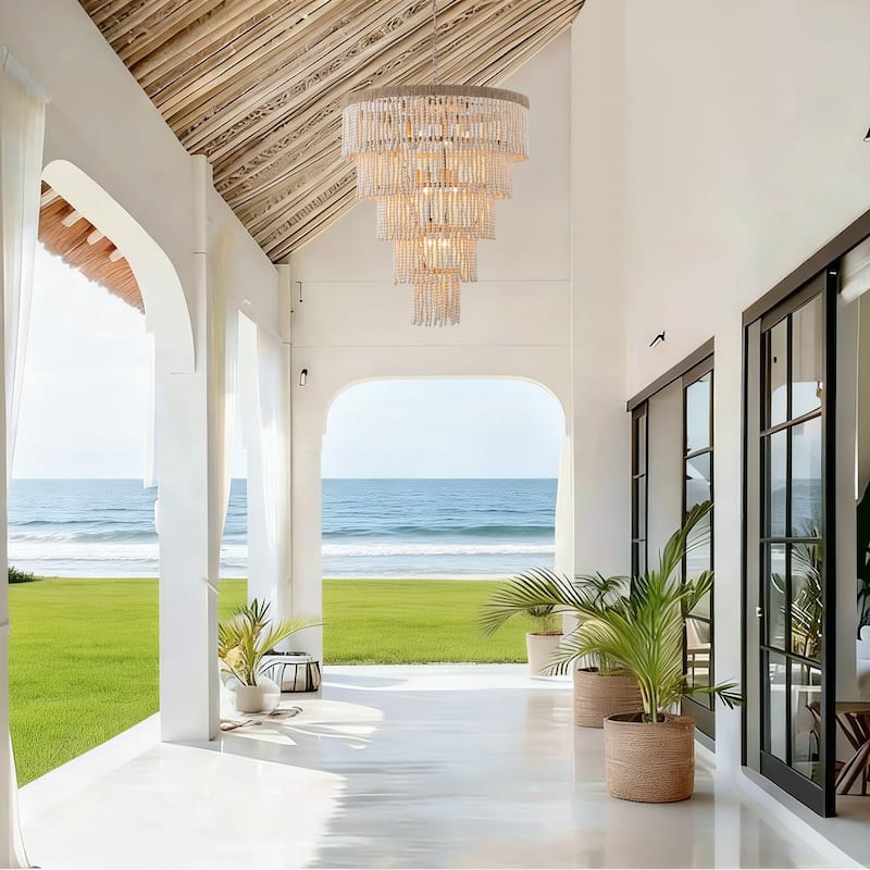 Bohemian Tiered Wood Beads Shade 9-Light Coastal Chandelier Light