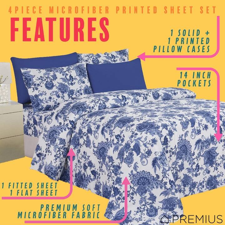 PREMIUS Premium Azure 4 & 6 Piece Microfiber Printed Wrinkle-Free Sheet Set