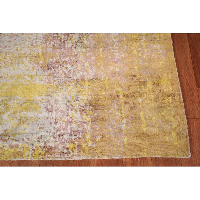 Contemporary Indian Area Rug Handmade Abstract Yellow Wool Carpet - 5'0" x 7'11"