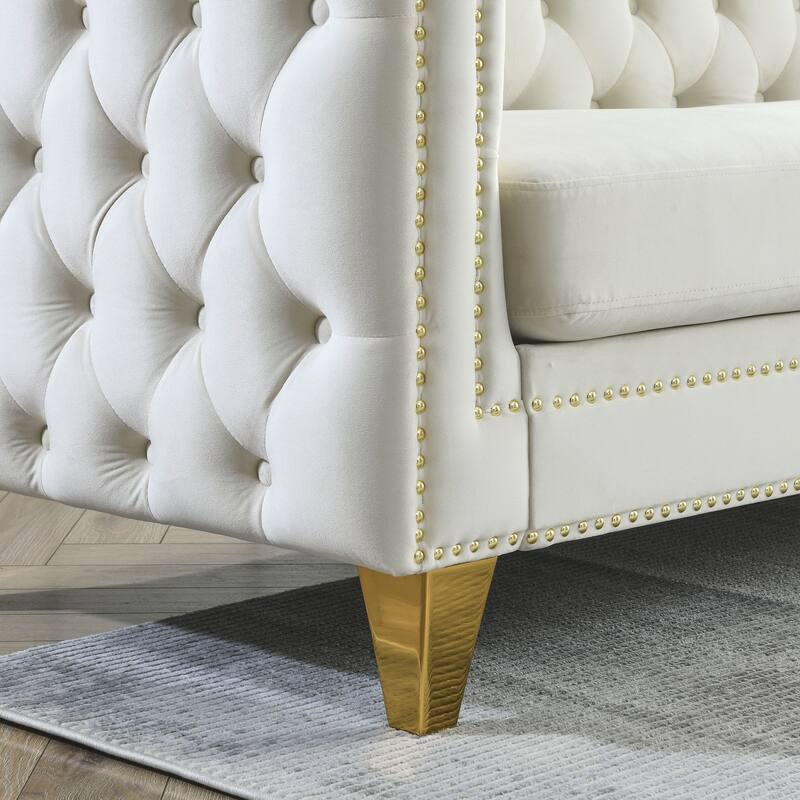 Modern 2-Seat Velvet Sofa with Nailhead Trim, Button Tufting, and Metal Legs