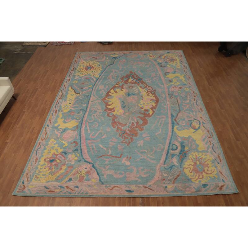 Hand Knotted Oriental 100% Wool Carpet Transitional Floral Navy Blue & Blues Oushak Area Rug - 17' 8'' X 12' 5''