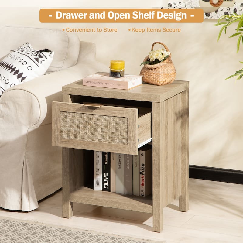 SICOTAS Farmhouse Rattan Nightstand Set of 2 with Drawer and Storage Shelf