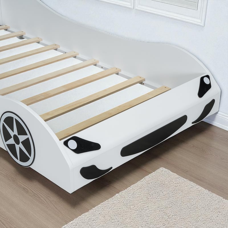 Twin Size Wood Race Car Platform Bed with LED Lights, Upholstered Backrest & Safety Rails