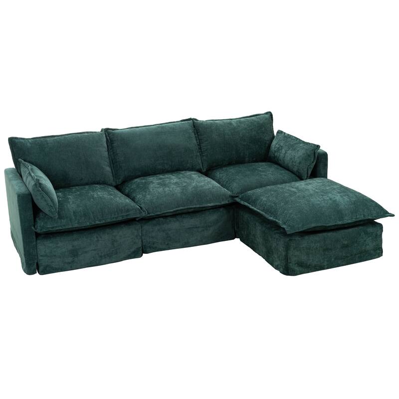 93.31" Linen Modular Sectional Sofa with Movable Ottoman, Solid Wood Frame, and High-Resilience Foam Cushions