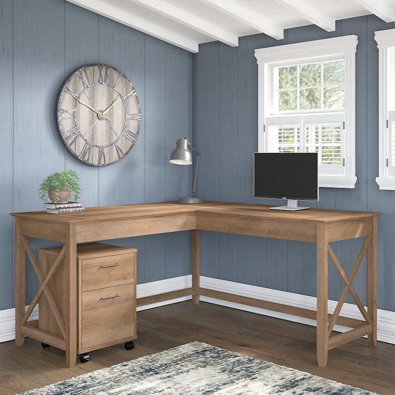 Key West 60W L Shaped Desk with Mobile File Cabinet by Bush Furniture - Reclaimed Pine