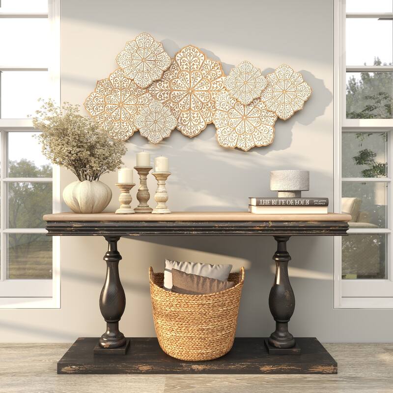 White Wood Intricately Carved Floral Home Wall Decor