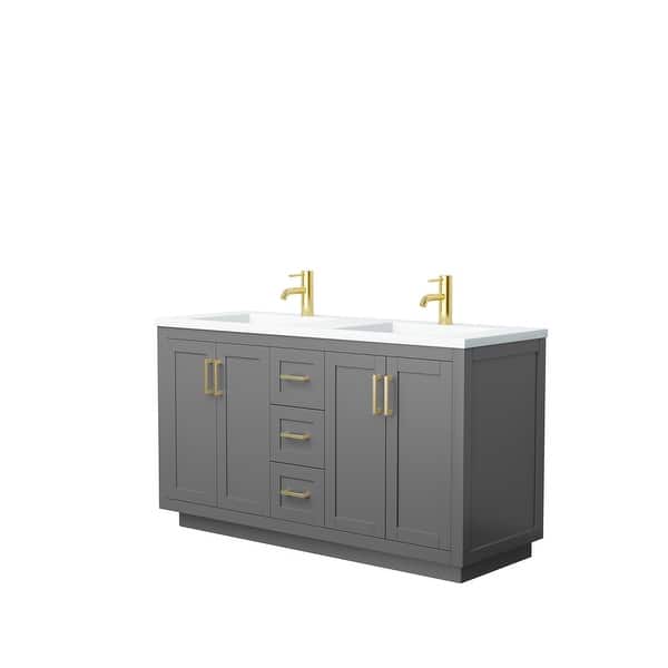 slide 1 of 50, Miranda Double Vanity Set, 1.25-Inch Solid Surface Top, No Mirror 60-Inch Double - Dark Gray, Brushed Gold Trim, Solid Surface Top