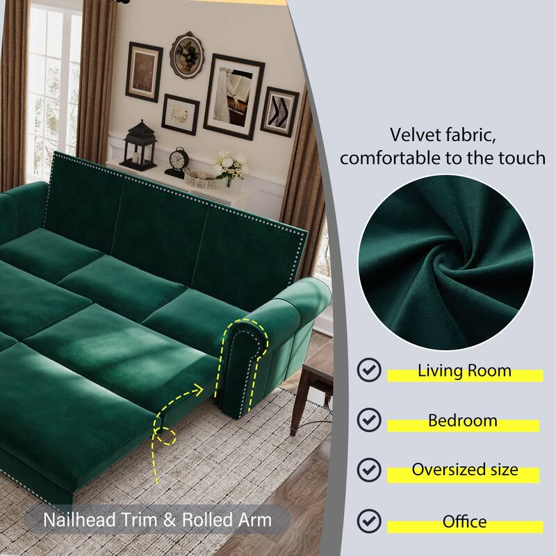93.7" Chesterfield Couch, Pull Out Sofa Bed 3-in-1 Velvet Convertible Sleeper Sofa w/Nailhead Trim & 3 Pillows, for Living Room