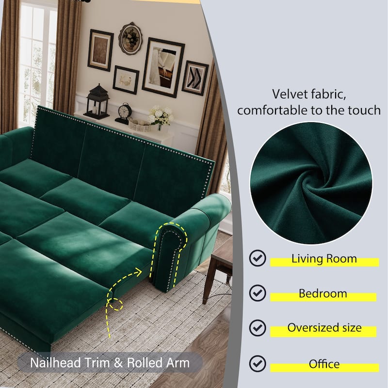 93.7" King Pull Out Sofa Bed w/ Nailhead Trim & Rolled Arm for Living Room Bedroom - Green