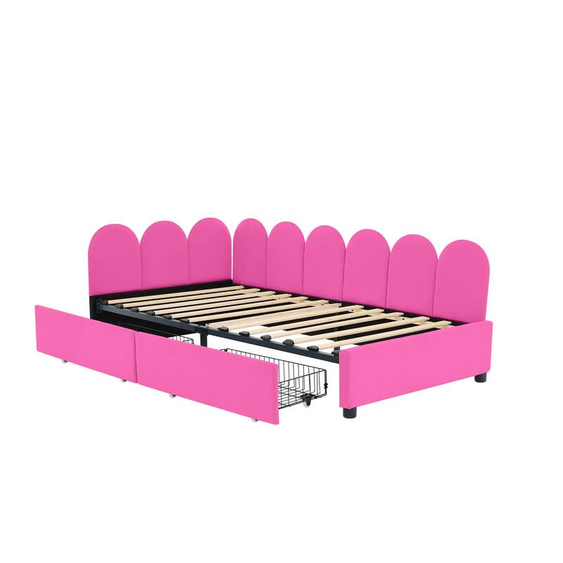 Velvet Upholstered Daybed with 2 Drawers and Soft Fabric Headboard for Bedroom