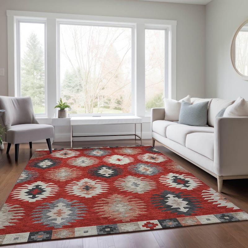 Machine Washable Indoor/ Outdoor Boho Tribal Chantille Rug