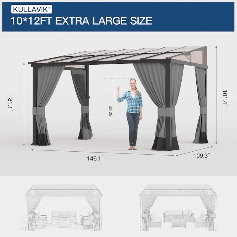 Wall Mounted Gazebo, Hardtop Permanent Outdoor Shade Canopy with Curtains for Deck, Backyard, Patio