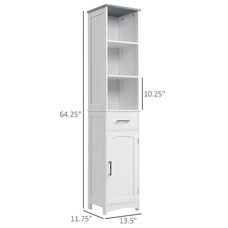 White-Grey MDF Tall Bathroom Cabinet with Drawer, Shelves and Anti-Tip - 13.5" W x 11.75" D x 64.25" H