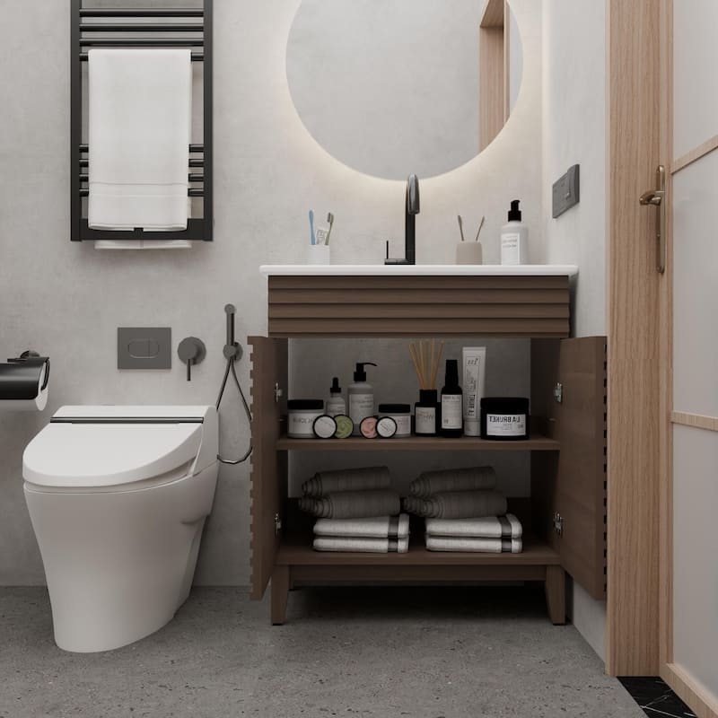 GDFStudio - Sebastian 30-Inch Modern Bathroom Vanity with Ceramic Sink and Slatted Door Storage Cabinet