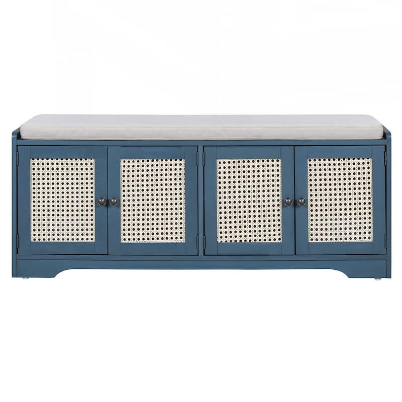 Rustic Storage Bench Multifunctional Wood Entryway Shoe Bench with Removable Cushion, Woven Rattan Doors & Adjustable Shelves