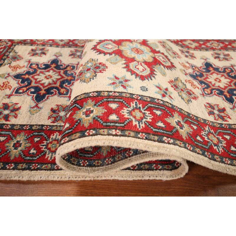 Geometric Kazak Runner Rug Hand-Knotted Beige Wool Carpet - 2'3" x 5'11"