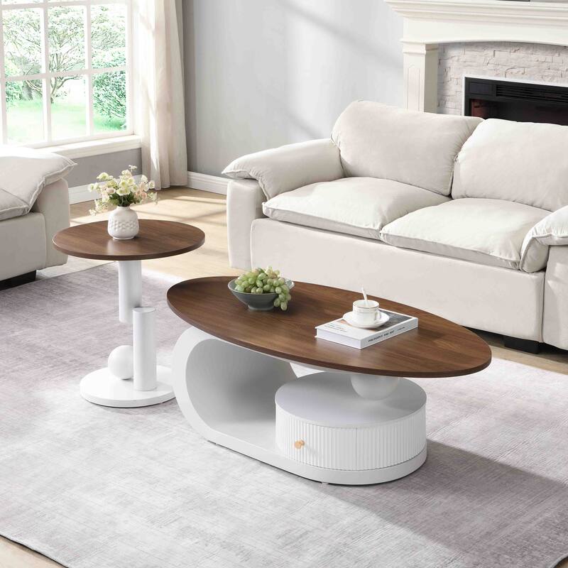 2-Piece Coffee Table Set with Oval and Round Tables, Accent Table Dining Table with Anti-slip Adjustable Pads - Antique Brown+White