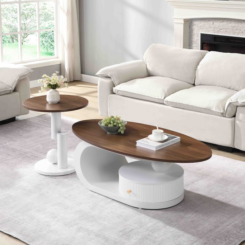 Luxury Nesting Coffee Table Set of 2, Tables with Storage for Living Room, Oval and Round Table Set