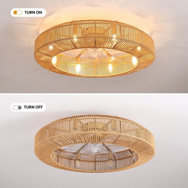dimension image slide 2 of 4, Boho Smart Gold Rattan Caged Drum Flush Mount Ceiling Fan