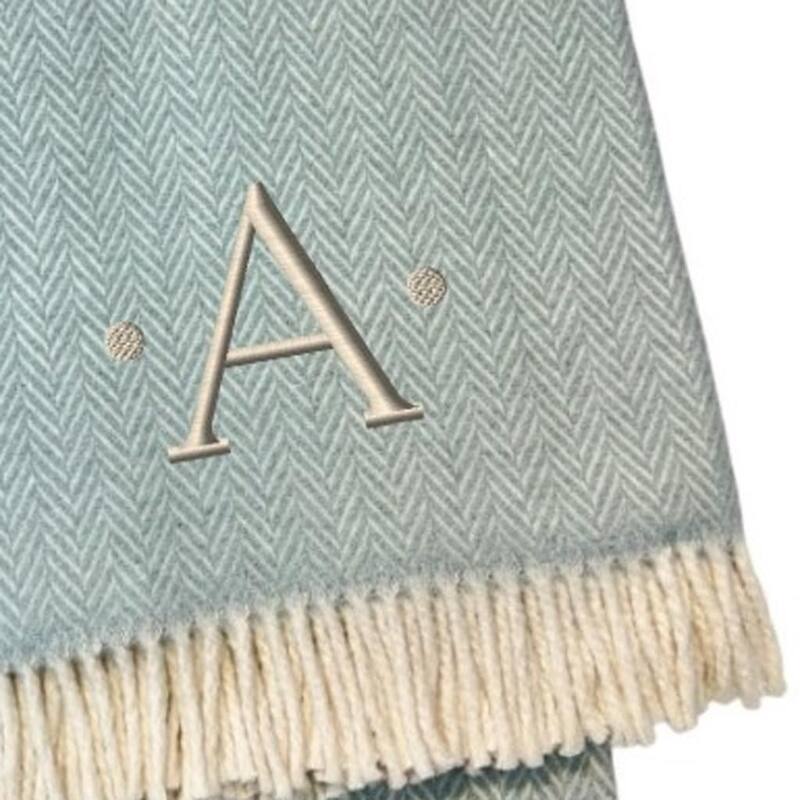 HomeRoots 55" X 70" Sky Blue And White Herringbone Cotton Blend A Initial Throw Blanket with Tassels And Embroidery